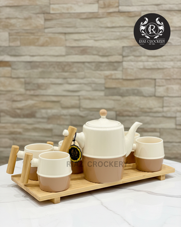 WOOD HANDLE TRAY COFFEE SET