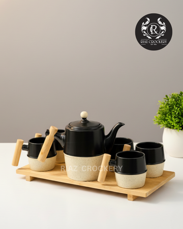 WOOD HANDLE TRAY COFFEE SET