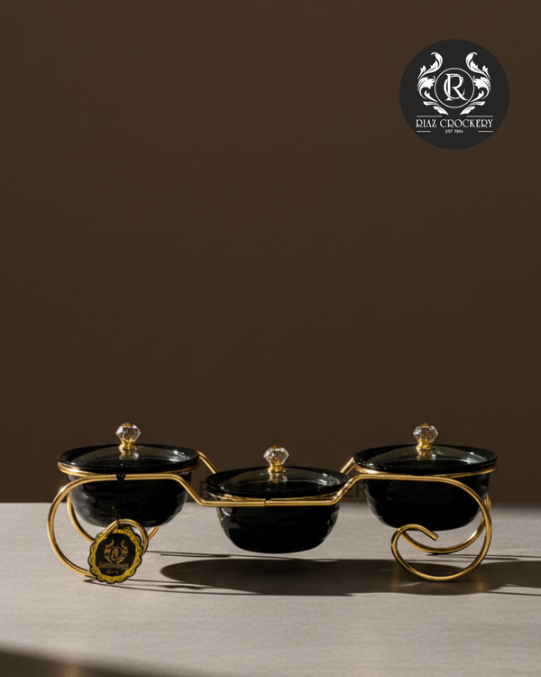 GOLDEN BLACK DRY FRUIT TRAY 3-POT