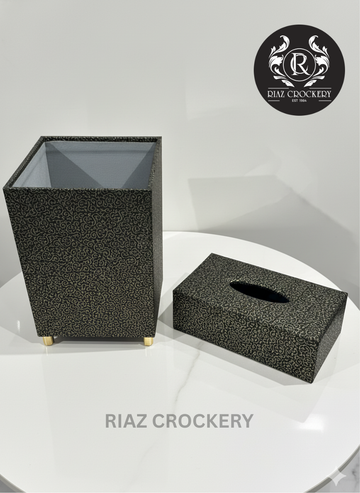 WOODEN LEATHER DUSTBIN SET