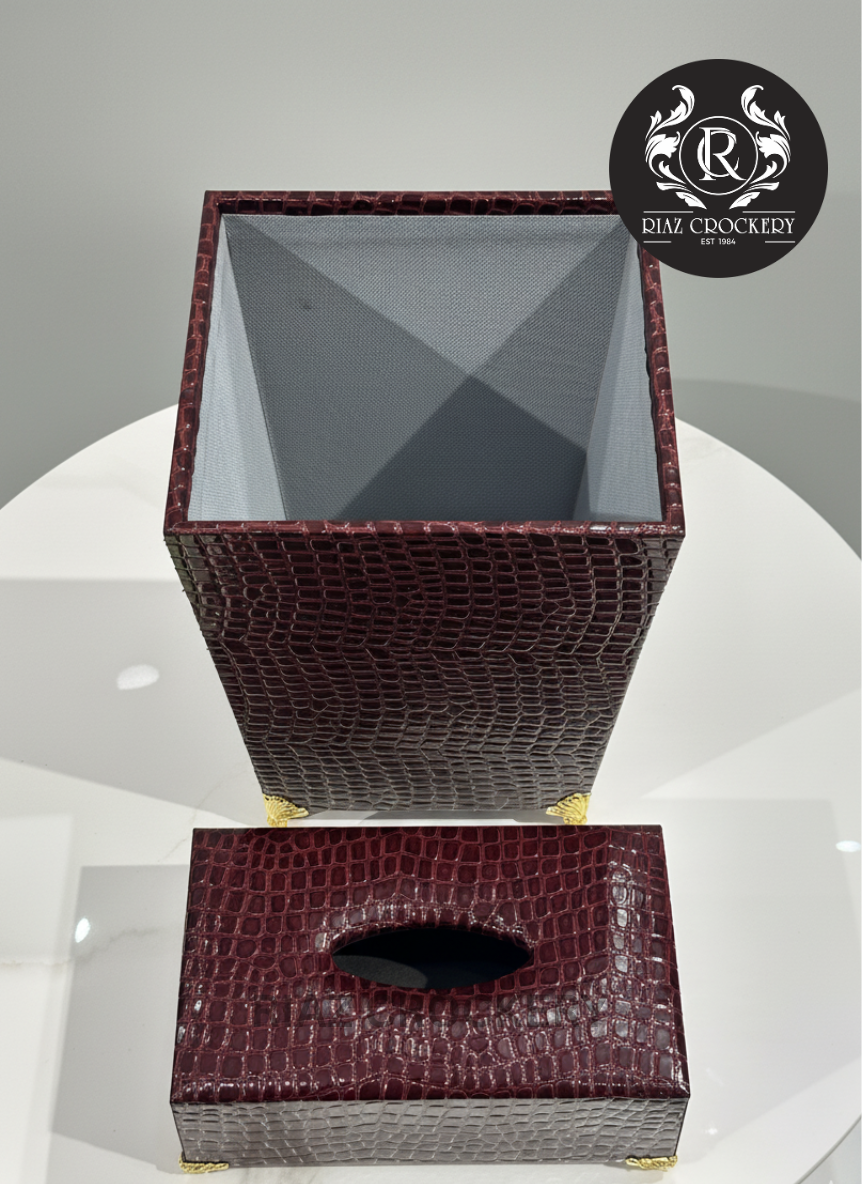 WOODEN LEATHER DUSTBIN SET