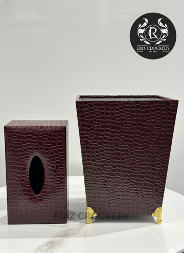 WOODEN LEATHER DUSTBIN SET