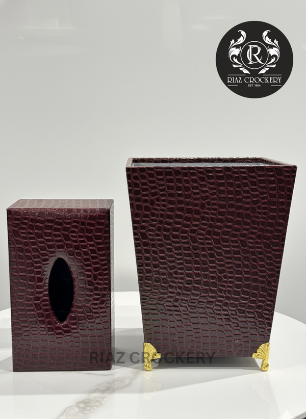 WOODEN LEATHER DUSTBIN SET
