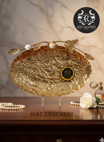 GOLDEN WHITE FLOWER OVAL TRAY 3PCS SET