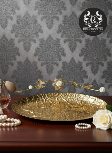 GOLDEN WHITE FLOWER OVAL TRAY 3PCS SET