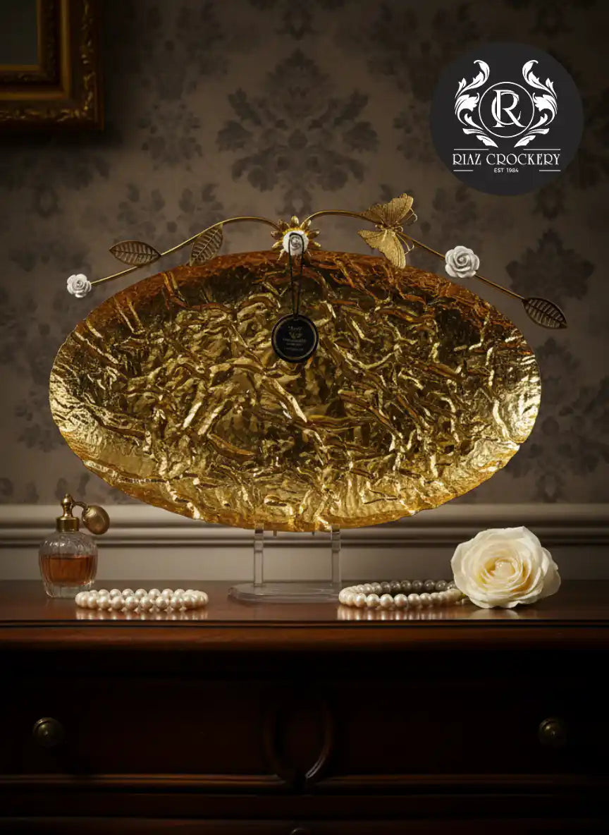 GOLDEN WHITE FLOWER OVAL TRAY 3PCS SET