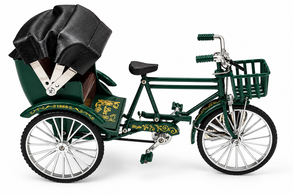 Dark green metal Baggi Cycle decorative model with black canopy on white background