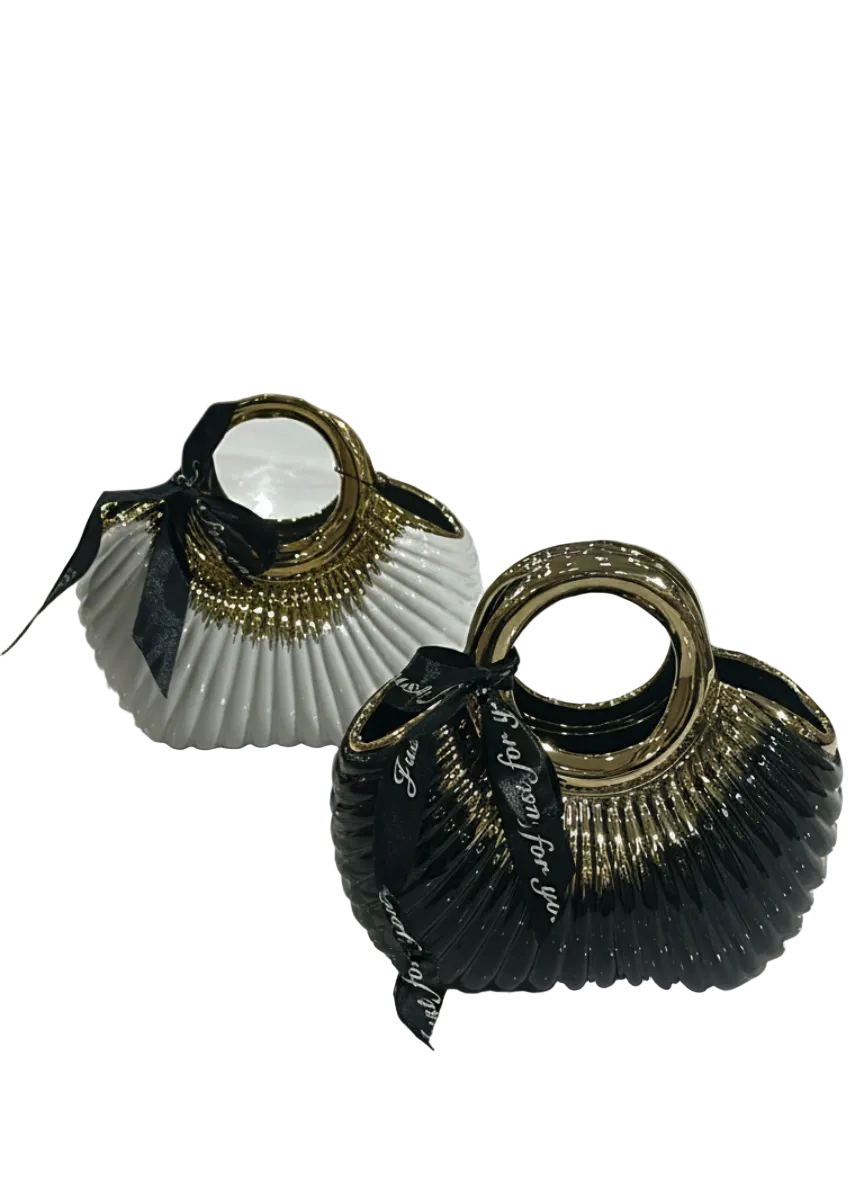 WHITE/BLACK GOLD CERAMIC PURSE VASE