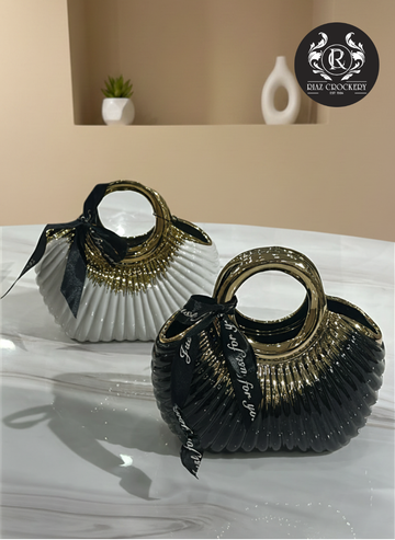 WHITE/BLACK GOLD CERAMIC PURSE VASE