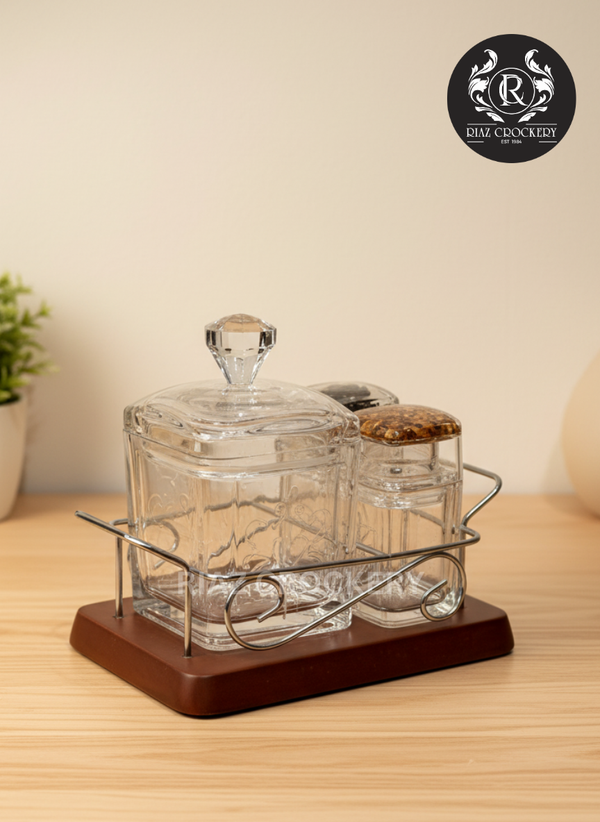 ACRYLIC CRUET SET WOODEN BASE